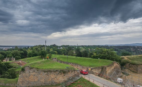 Panoramic View of the  Petrovaradin Fortress in Novi Sad, Serbia in a cloudy summer day