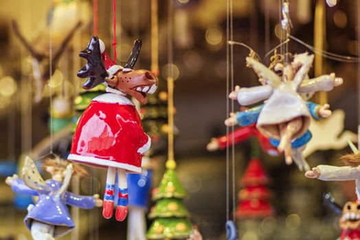 Christmas decorations balls and other miscellaneous toys at the Christmas market in Vienna. Christmas market in Vienna.