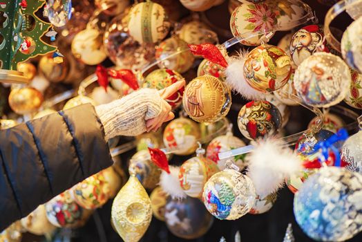 Christmas decorations balls and other miscellaneous toys at the Christmas market in Vienna. Christmas market in Vienna.