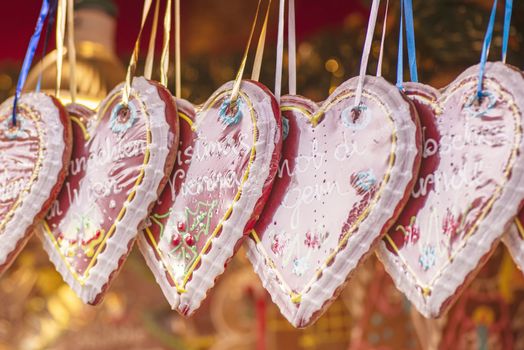 Christmas sweet gingerbread cookies at the Christmas market in Vienna.Heart-shaped cookies on sale at a Christmas market in Vienna, Austria.