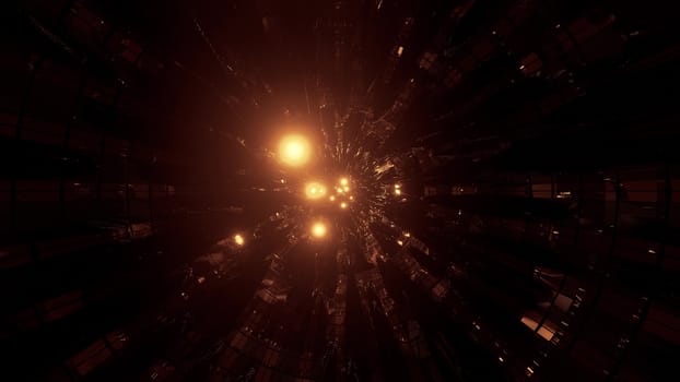 technical tunnel with reflective metal and glowing spheres 3d illustration background wallpaper graphic, abstract dark tunnel with round glowing particles 3d rendering design