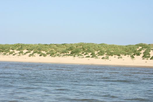 Sandy beach with sand dunes and blue sky in the background