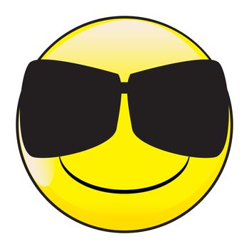 A big eyed happy smiling smile face button wearing sunglases isolated on a white background