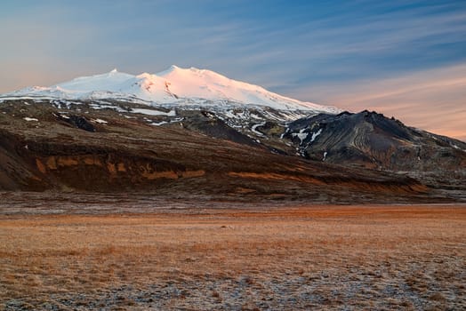 Snaefellsjokull in Snaefellsnes peninsula at sunset, Iceland