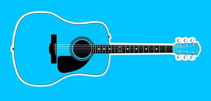 A blue acoustic guitar with white outline isolated over a blue background