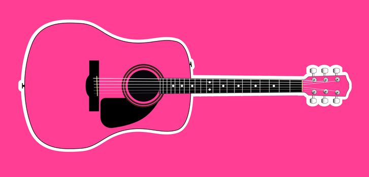 A pink acoustic guitar with white outline isolated over a pink background