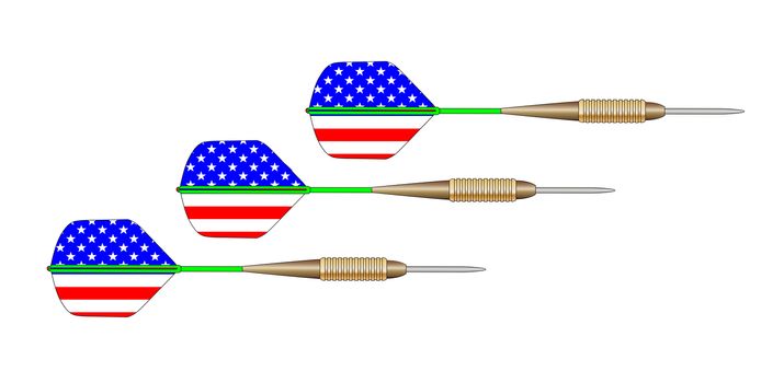 A set of 3 darts with flights in the form of the Stars and Stripes American flag on a white background