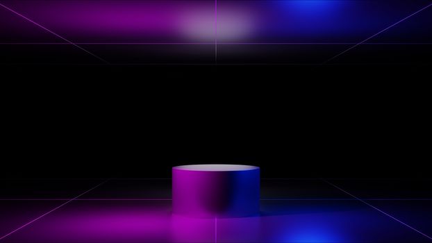 Product display stand for display of content design. Abstract fashion background, ultraviolet neon lights, pink blue vibrant colors, laser show. Banner for advertise product. 3D illustration