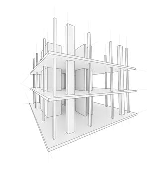 Drawing or sketch of a house under construction. Construction site. Main line, back contour and auxiliary lines. 3D illustration