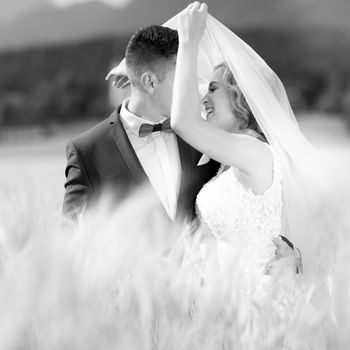 Groom hugs bride tenderly while wind blows her veil in wheat field somewhere in Slovenian countryside. Caucasian happy romantic young couple celebrating their marriage. Black and white photo.