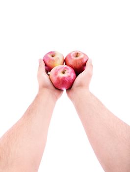 Healthy eating concept. Stretched out hands offering red apples, isolated on white background.