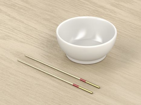 Empty white bowl and wooden chopsticks on the table