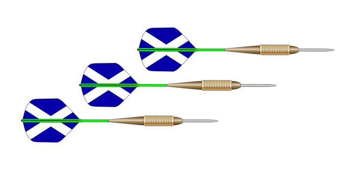 A set of 3 darts with flights in the form of the Scotland cross flag on a white background