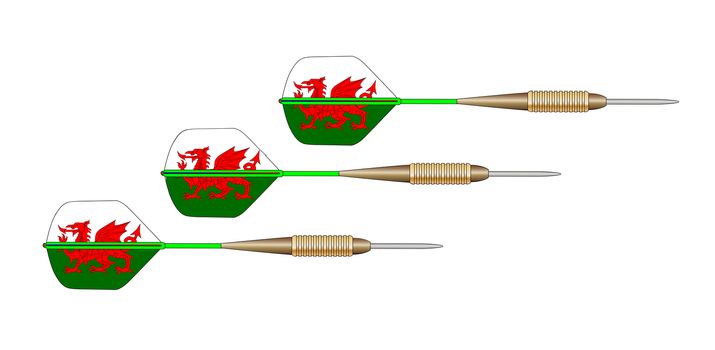 A set of 3 darts with flights in the form of the Wales dragon flag on a white background