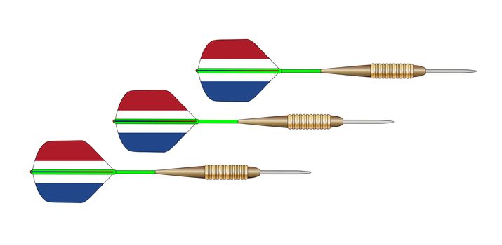 A set of 3 darts with flights in the form of the Netherlands flag on a white background