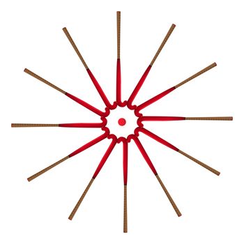 A circle of field hockey sticks and a red ball set on a white background