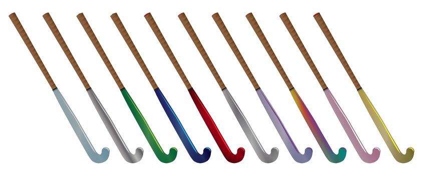 A collection of field hockey sticks in several colors set on a white background