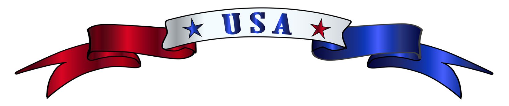 A red white and blue satin or silk ribbon banner with the text USA and stars