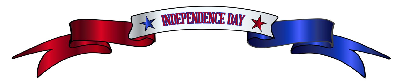 A red white and blue satin or silk ribbon banner with the text Independence Day and stars