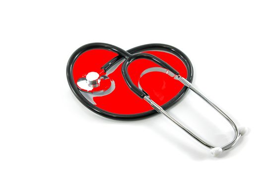 Stethoscope curved into the shape of a heart on white background