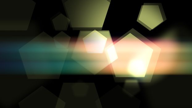 Smooth lighted pentagons are glittering in the night background. 2d illustration backdrop.