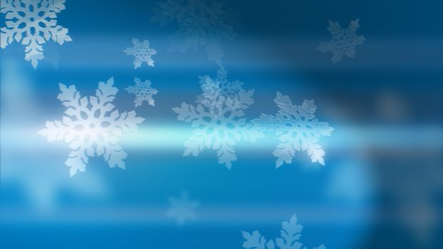 Merry Christmas! Happy New Year! Light Blue background with 3d snowflakes.