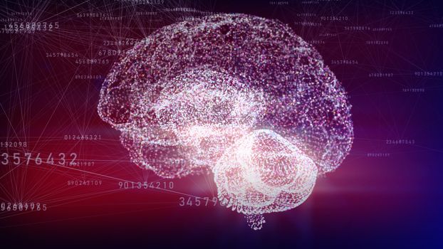 3d illustration of Plexus with human brain which consists from point and edges in triangles form connected each other on the pink background. Digital numbers. Concept of artificial intelligence.