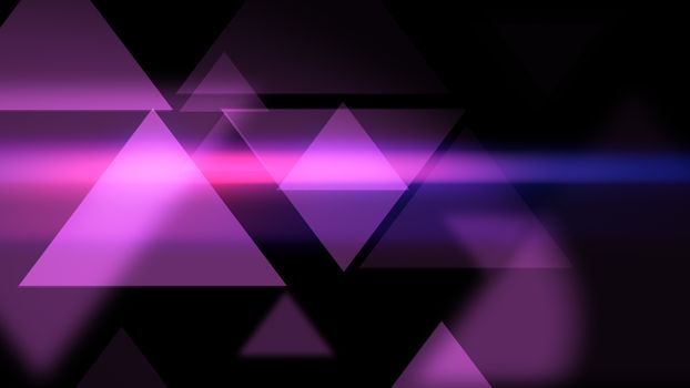 Amazing 3d illustration of background with glowing and glittering pink triangles on the black background. 