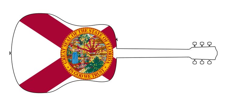 A typical acoustic guitar silhouette outline isolated over a white background with the Florida state flag