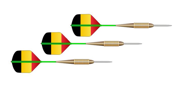 A set of 3 darts with flights in the form of the Belgium flag on a white background