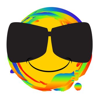 Emoji smiley face with a pair of sunglasses as a web button set on a rainbow