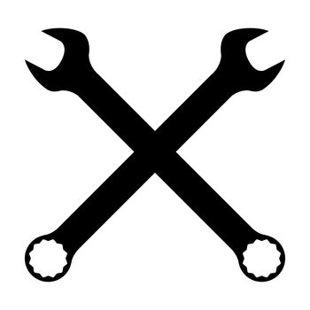 Two crossed mechanics open ended and ring spanner combination in silhouette on a white background