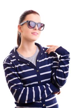 Portrait of a beautiful smiling girl in casual clothes with sunglasses, isolated on white background.