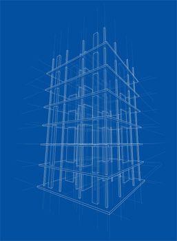 Drawing or sketch of a house under construction. Construction site. Main line, back contour and auxiliary lines. 3D illustration