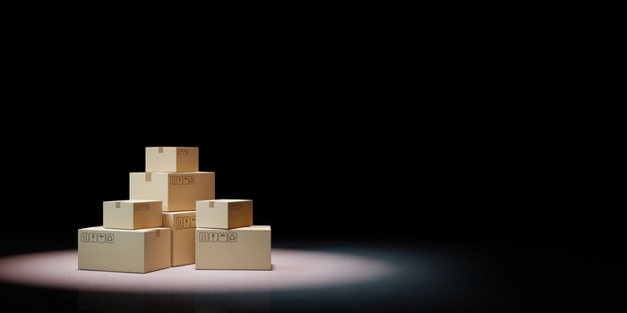 Heaps of Closed Cardboard Boxes Spotlighted on Black Background with Copy Space 3D Illustration