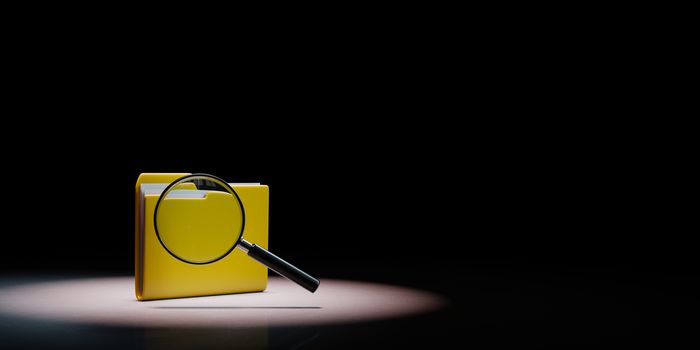 Yellow Document Folder with Magnifier Spotlighted on Black Background with Copy Space 3D Illustration