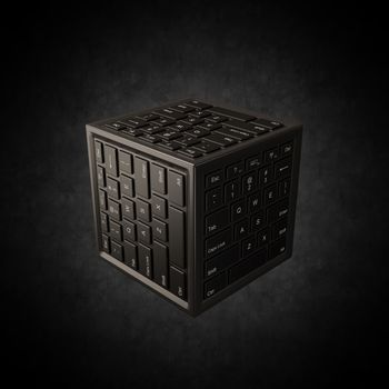 Cube Shape with Computer Keyboard on Faces Spotlighted on Black Background 3D Illustration