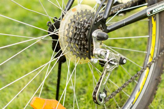 Bicycle wheel with knitting needles, pedals and a chain. Active walks .For your design