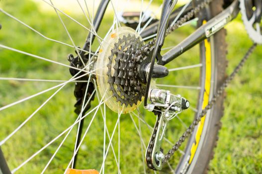 Bicycle wheel with knitting needles, pedals and a chain. Active walks .For your design