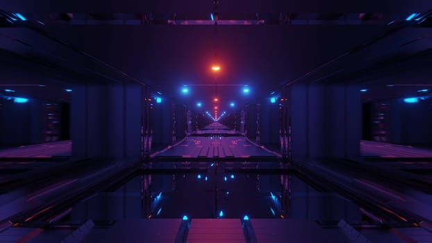 futuristic scifi space tunnel corridor with glowing lights and glass windows and botom 3d illustration background wallpaper graphic artwork, endless sci-fi tunnel 3d renderig with reflective contur