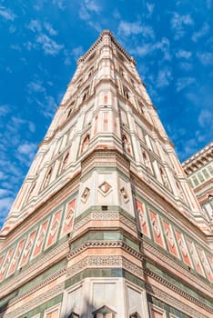 Giotto's Campanile historical Old Town of Florence, as seen from the top of Brunelleschi's Dome of the Florence Cathedral. Florence, Tuscany, Italy.