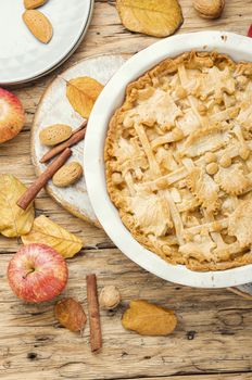 Autumn homemade pie with ripe apples.American apple dessert