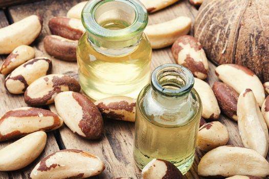 Gourmet peeled Brazil nut and jars of oil.