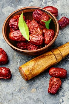 Bowl of dried unabi fruit or jujube.Medicinal and edible plant