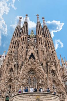 BARCELONA, SPAIN - OCTOBER 08, 2018: Sagrada Familia, detail of the facade. The cathedral designed by Antoni Gaudi is being built since 1882 and is not finished yet. UNESCO World Heritage Site