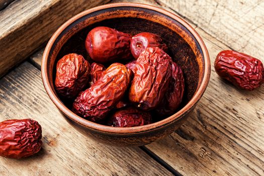 Bowl of dried unabi fruit or jujube.Medicinal and edible plant