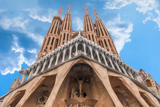 BARCELONA, SPAIN - OCTOBER 08, 2018: Sagrada Familia, detail of the facade. The cathedral designed by Antoni Gaudi is being built since 1882 and is not finished yet. UNESCO World Heritage Site