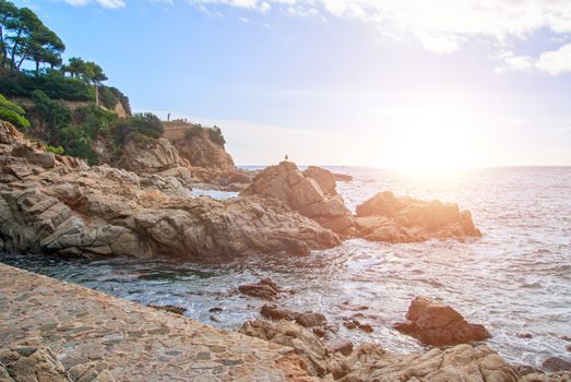 Rocks on the coast of Lloret de Mar in a beautiful summer day, Costa Brava, Catalonia