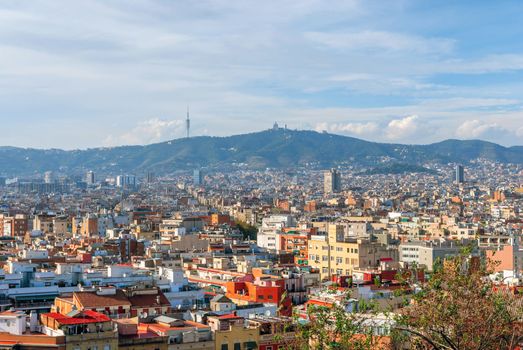 Panoramic aerial view of Barcelona in a beautiful summer day, Catalonia, Spain