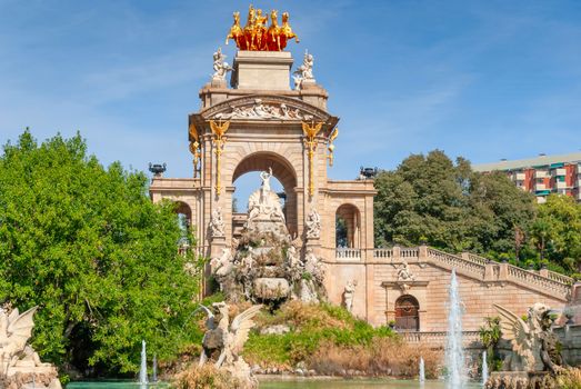 View of Cascada at Parc de la Ciutadella - a triumphal arch with waterfall and fountain built for 1888 Universal exhibition. Baroque construction was designed by Josep Fontsere. Barcelona. Spain.